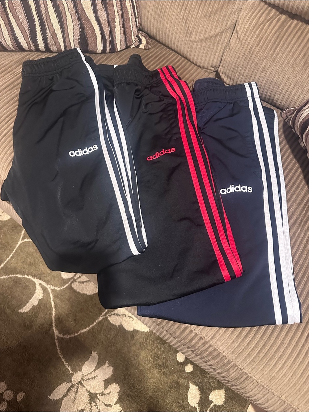 adidas men’s Black and Navy Joggers with White and Red Stripes